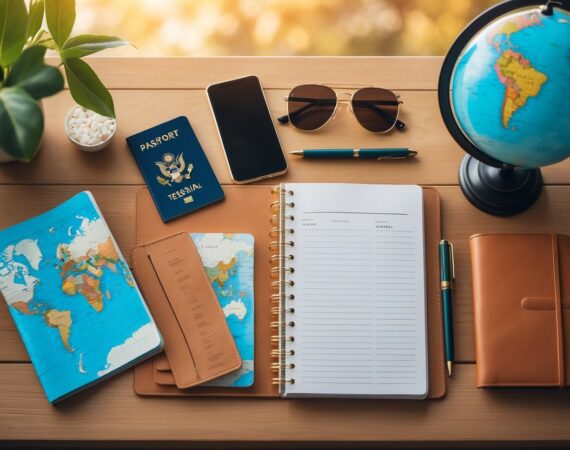 Mesa organizada com itens de viagem internacional, incluindo passaporte, mapa, globo, óculos de sol e caderno aberto.