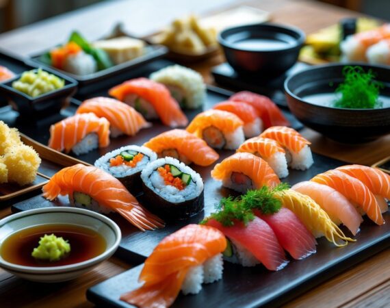 Mesa com diversos pratos típicos do Japão, incluindo sushi, sashimi, tempura e sopa de missô.