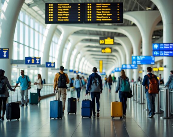 Passageiros em um aeroporto moderno esperando e caminhando perto dos portões, com telas digitais mostrando informações de voos de conexão.