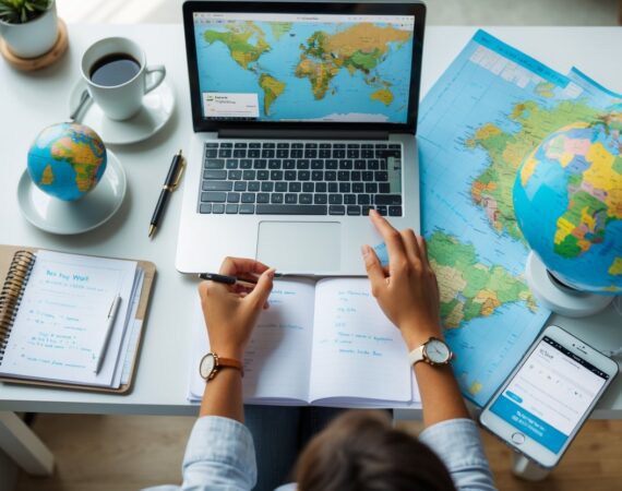 Pessoa organizando roteiro de viagem em uma mesa com laptop, caderno, mapa e itens de viagem.