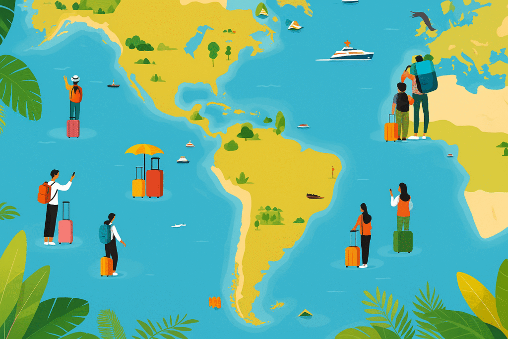 Ilustração de um mapa da América do Sul com destinos turísticos econômicos destacados e pessoas viajando e explorando diferentes locais.
