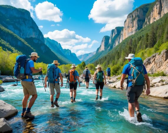 Grupo de viajantes explorando uma paisagem natural com montanhas verdes, rio cristalino e céu azul, praticando turismo de aventura.