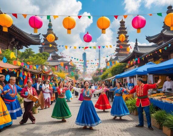 Pessoas de diversas culturas celebrando juntas em um festival cultural ao ar livre com trajes tradicionais, música e dança.