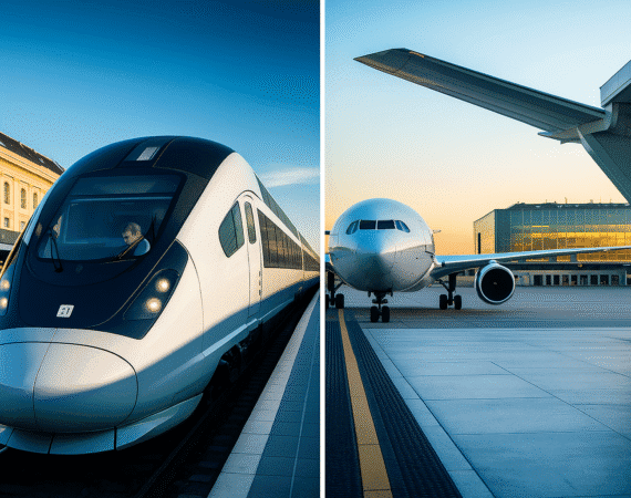 Cena mostrando um trem moderno chegando em uma estação e um avião estacionado em um portão de aeroporto, com passageiros e bagagens em movimento.