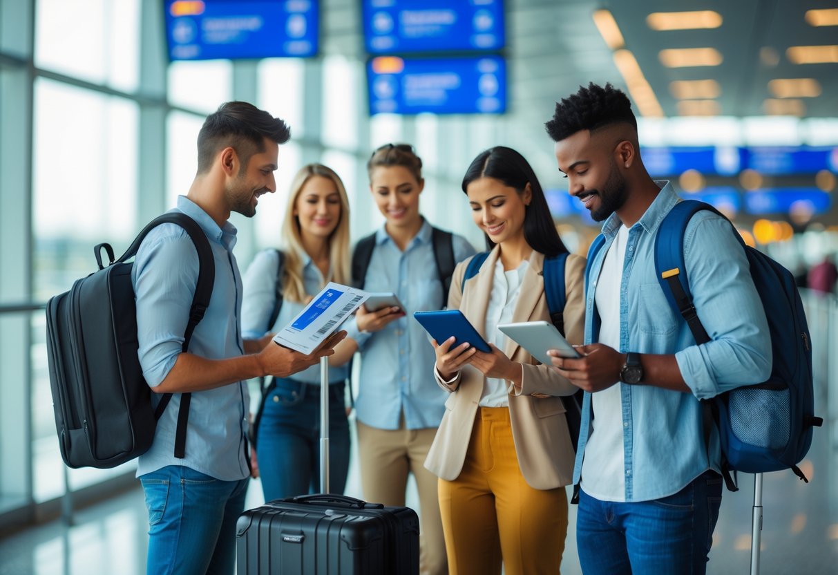 Grupo de viajantes em aeroporto segurando documentos e dispositivos digitais relacionados a seguro viagem internacional.