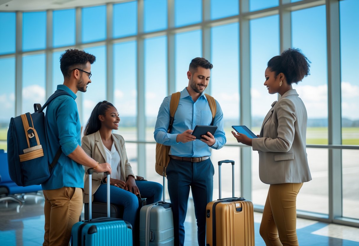 Pessoas em um lounge de aeroporto conversando com um agente de viagens, com malas e passaportes, em um ambiente moderno com janelas mostrando aviões no aeroporto.