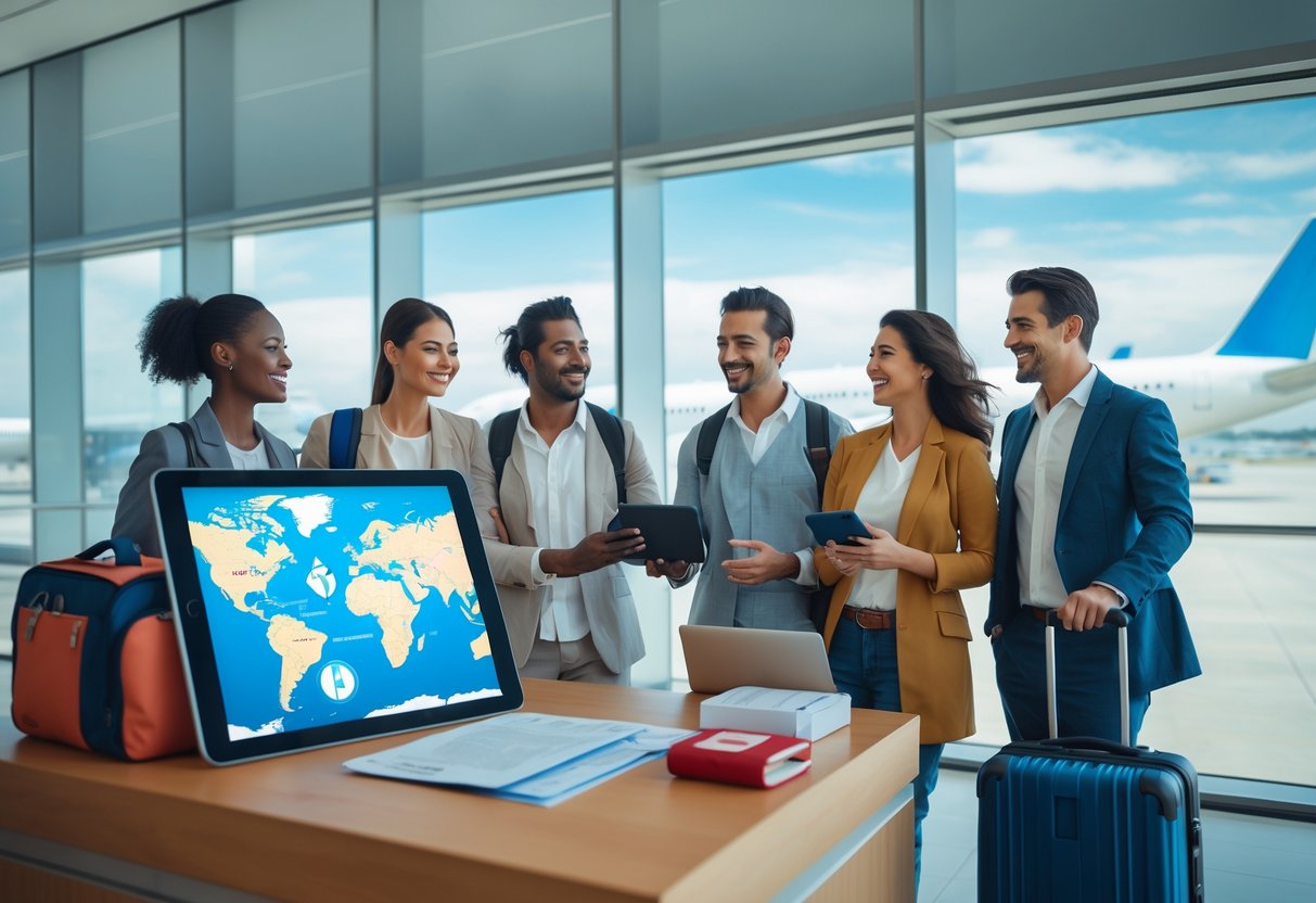 Grupo de viajantes felizes em um lounge de aeroporto, com documentos de viagem e mapa digital, conversando com um agente de seguros, transmitindo segurança e tranquilidade durante uma viagem internacional.