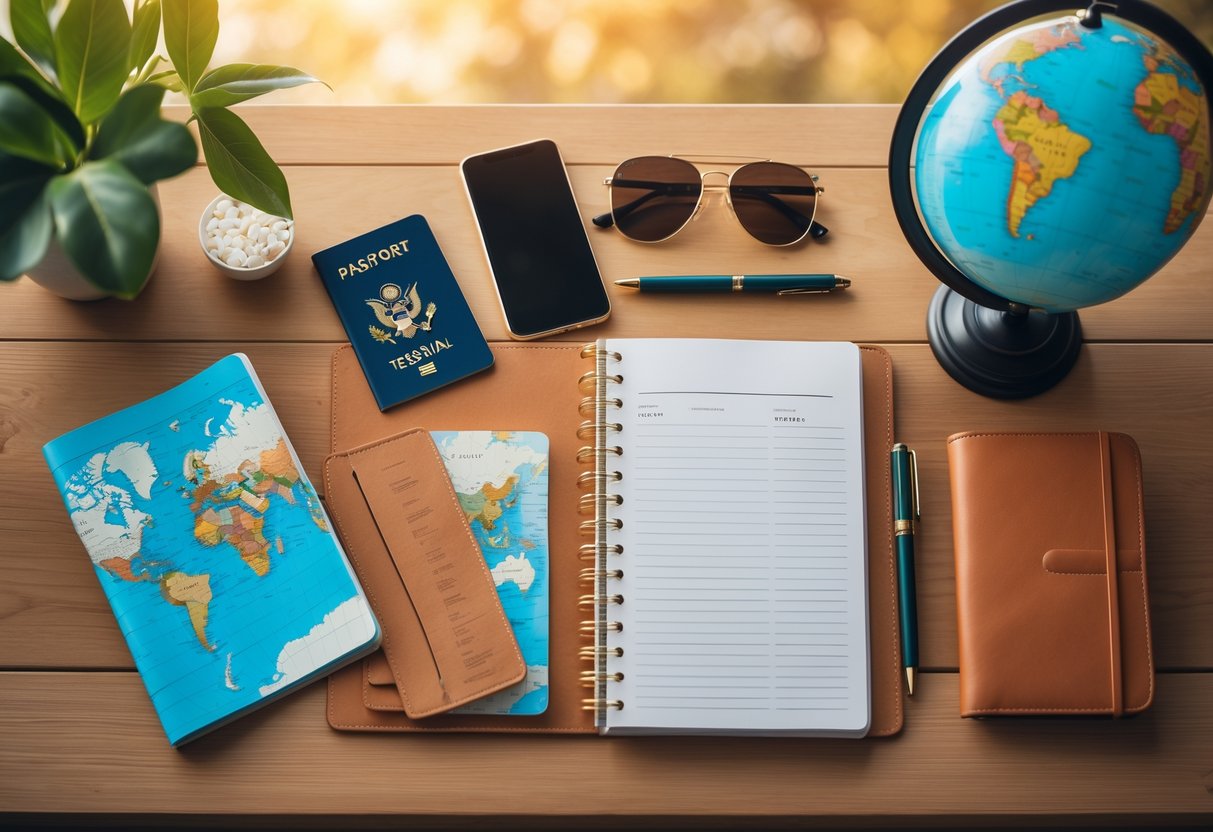Mesa organizada com itens de viagem internacional, incluindo passaporte, mapa, globo, óculos de sol e caderno aberto.