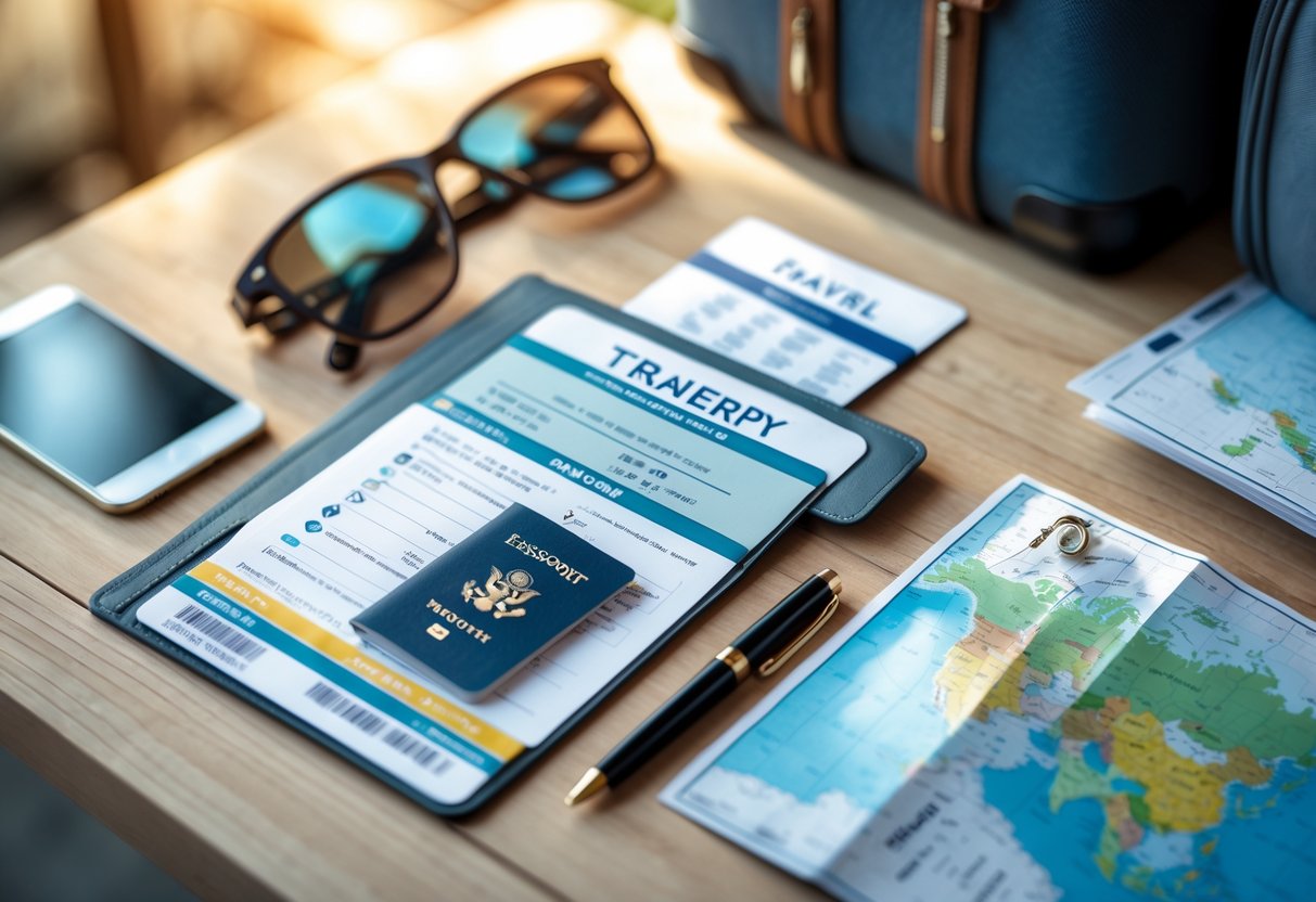 Mesa organizada com documentos de viagem essenciais, passaporte, passagem aérea, mapa e acessórios de viagem.