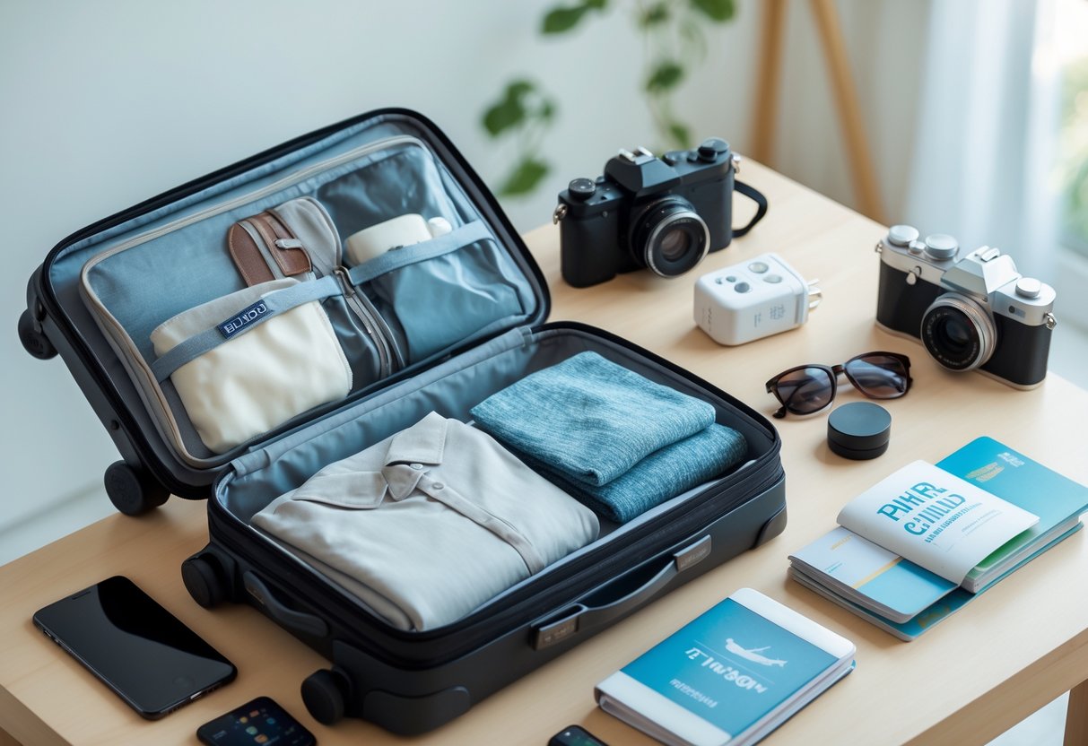 Mala aberta com itens organizados para viagem internacional sobre uma mesa, incluindo passaporte, roupas dobradas e acessórios de viagem.