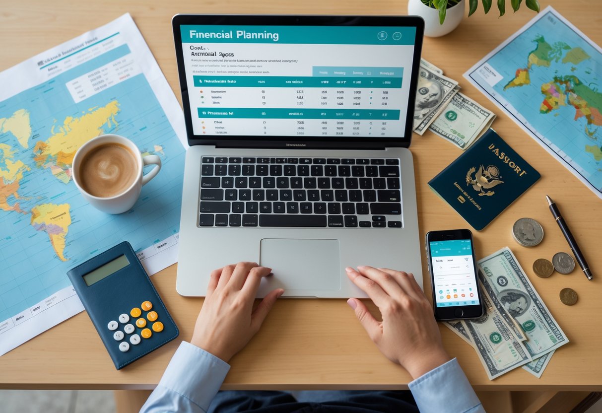 Mesa organizada com itens para planejamento financeiro de viagem internacional, incluindo laptop, passaporte, calculadora, smartphone, mapa e dinheiro.