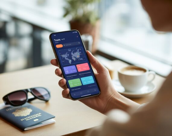 Pessoa segurando um smartphone com um aplicativo de viagem aberto, mostrando ícones coloridos e mapas, com um ambiente de aeroporto ou café ao fundo.