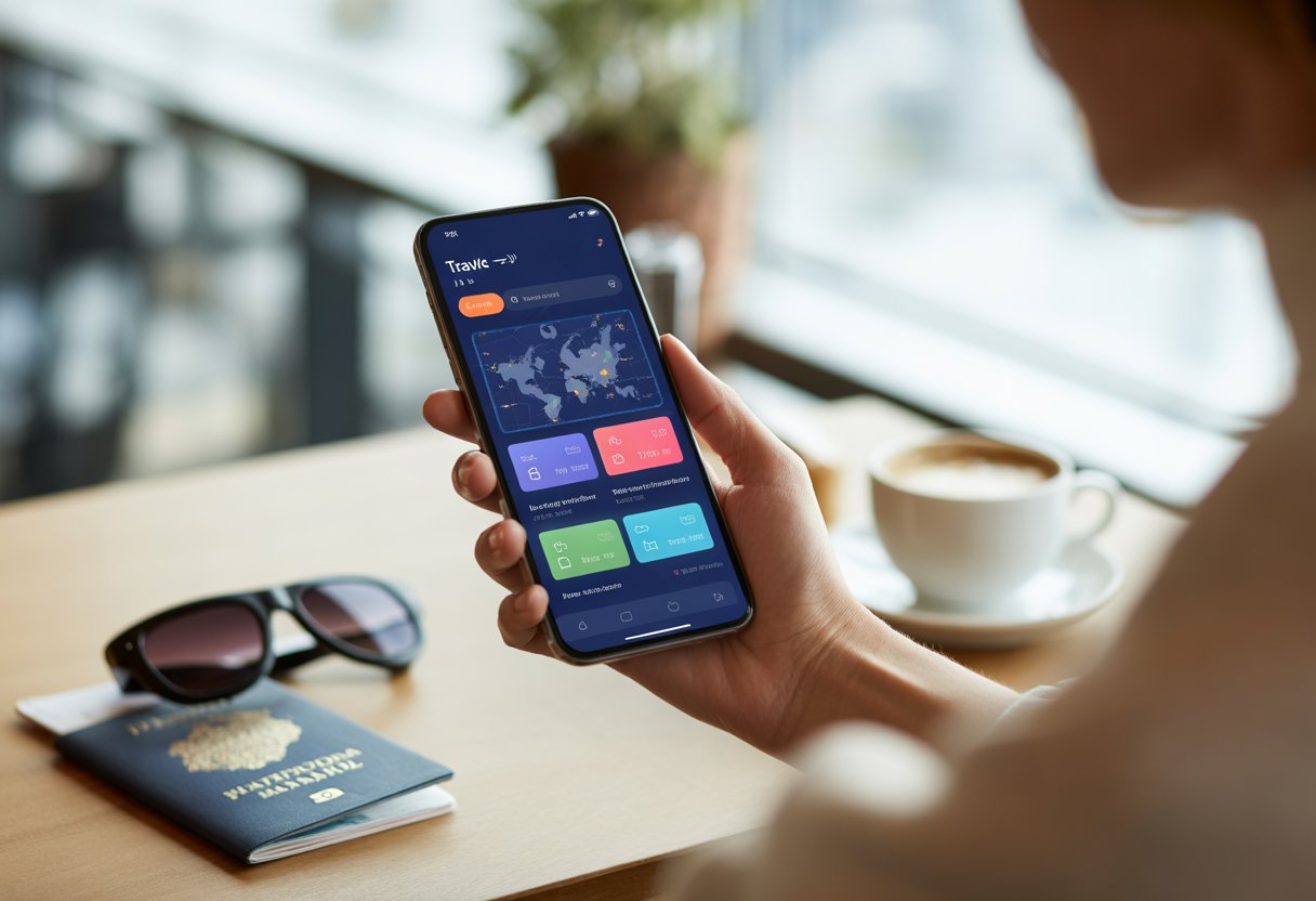 Pessoa segurando um smartphone com um aplicativo de viagem aberto, mostrando ícones coloridos e mapas, com um ambiente de aeroporto ou café ao fundo.