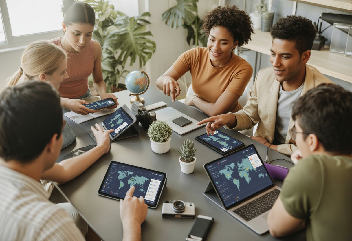 Grupo de jovens reunidos ao redor de uma mesa com dispositivos digitais exibindo aplicativos de viagem, planejando uma viagem para 2025.