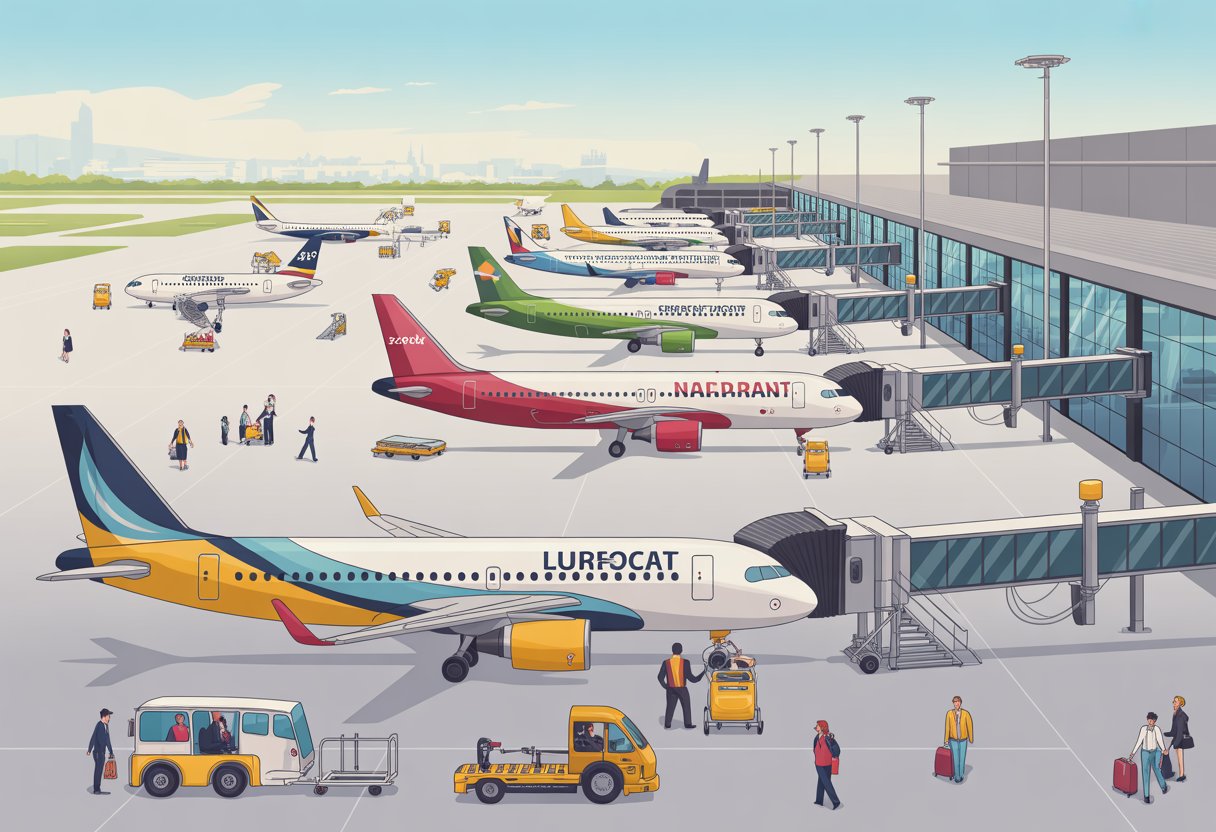 Aeroporto europeu movimentado com vários aviões coloridos de companhias aéreas low cost estacionados nos portões, passageiros caminhando com bagagens e veículos de serviço no solo.