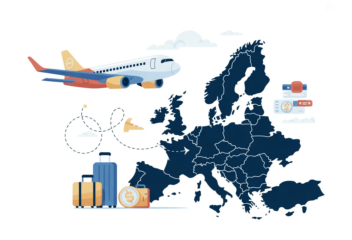 Ilustração de um avião voando sobre um mapa da Europa com rotas de voo conectando várias cidades, representando companhias aéreas low cost.