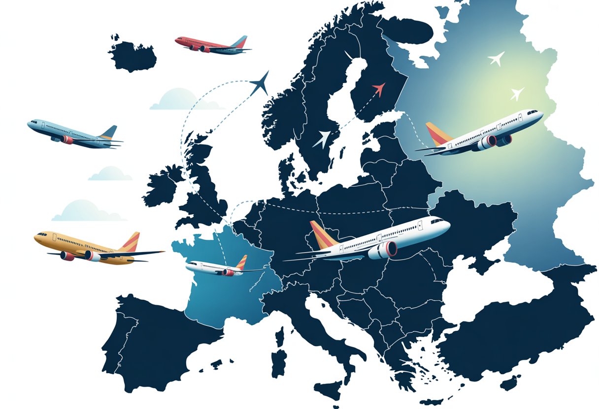 Mapa da Europa com vários aviões modernos voando sobre diferentes países, representando companhias aéreas low cost conectando várias cidades europeias.