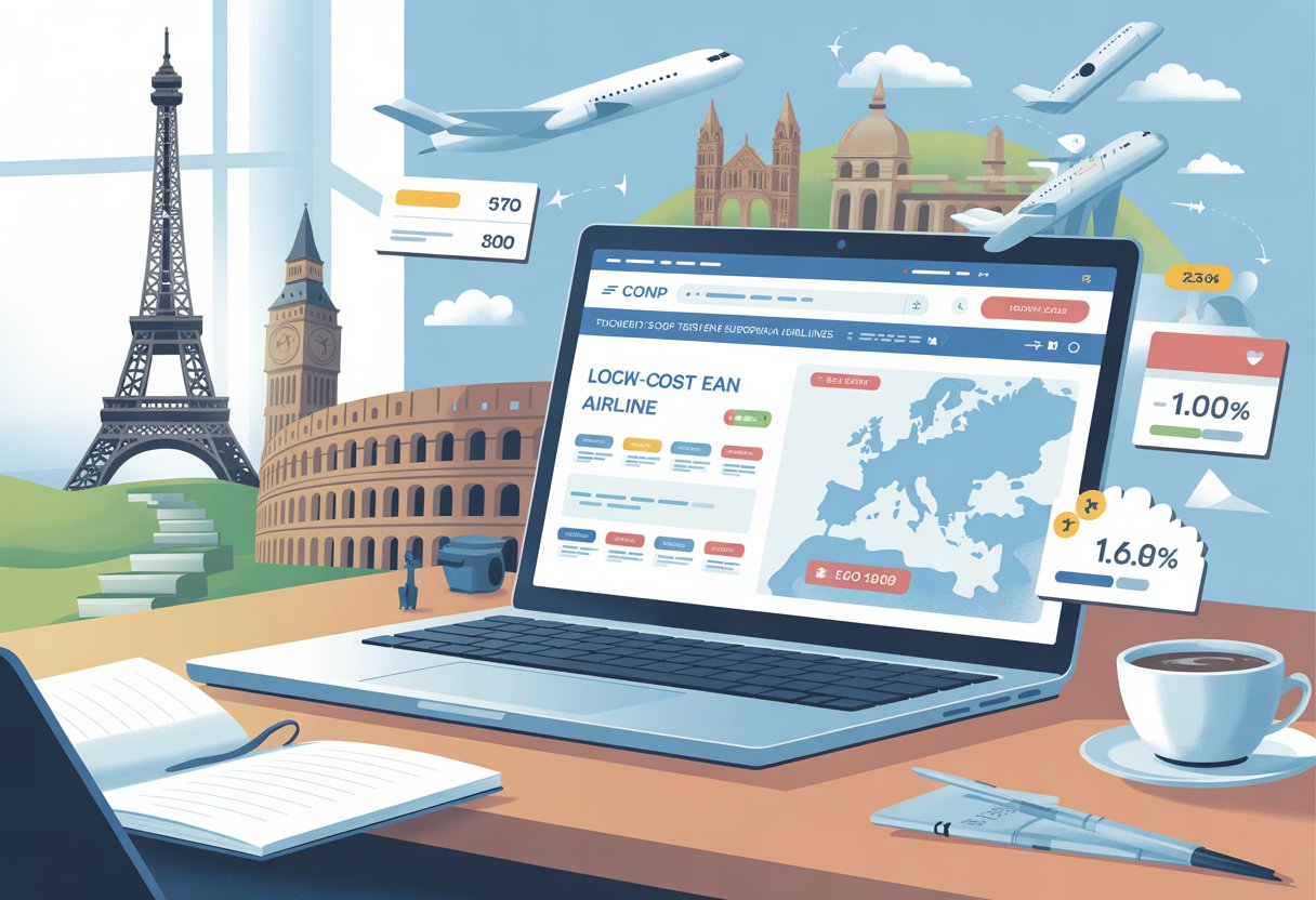 Pessoa usando um laptop para pesquisar passagens aéreas baratas na Europa, com ícones de aviões, etiquetas de preço e monumentos europeus ao fundo.