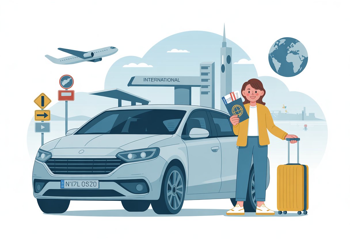 Pessoa ao lado de um carro de aluguel em um aeroporto internacional, segurando passaporte e documentos, com elementos que indicam viagem ao exterior.