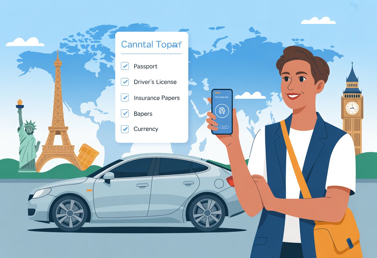 Pessoa ao lado de um carro de aluguel com um mapa-múndi e pontos turísticos ao fundo, segurando um celular com um aplicativo de aluguel de carro.
