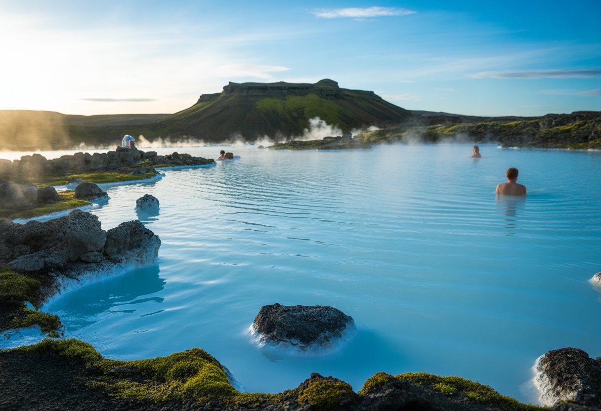 Vista da Blue Lagoon lagoa geotérmica na Islândia com água azul turquesa rodeada por rochas vulcânicas negras e musgo verde.