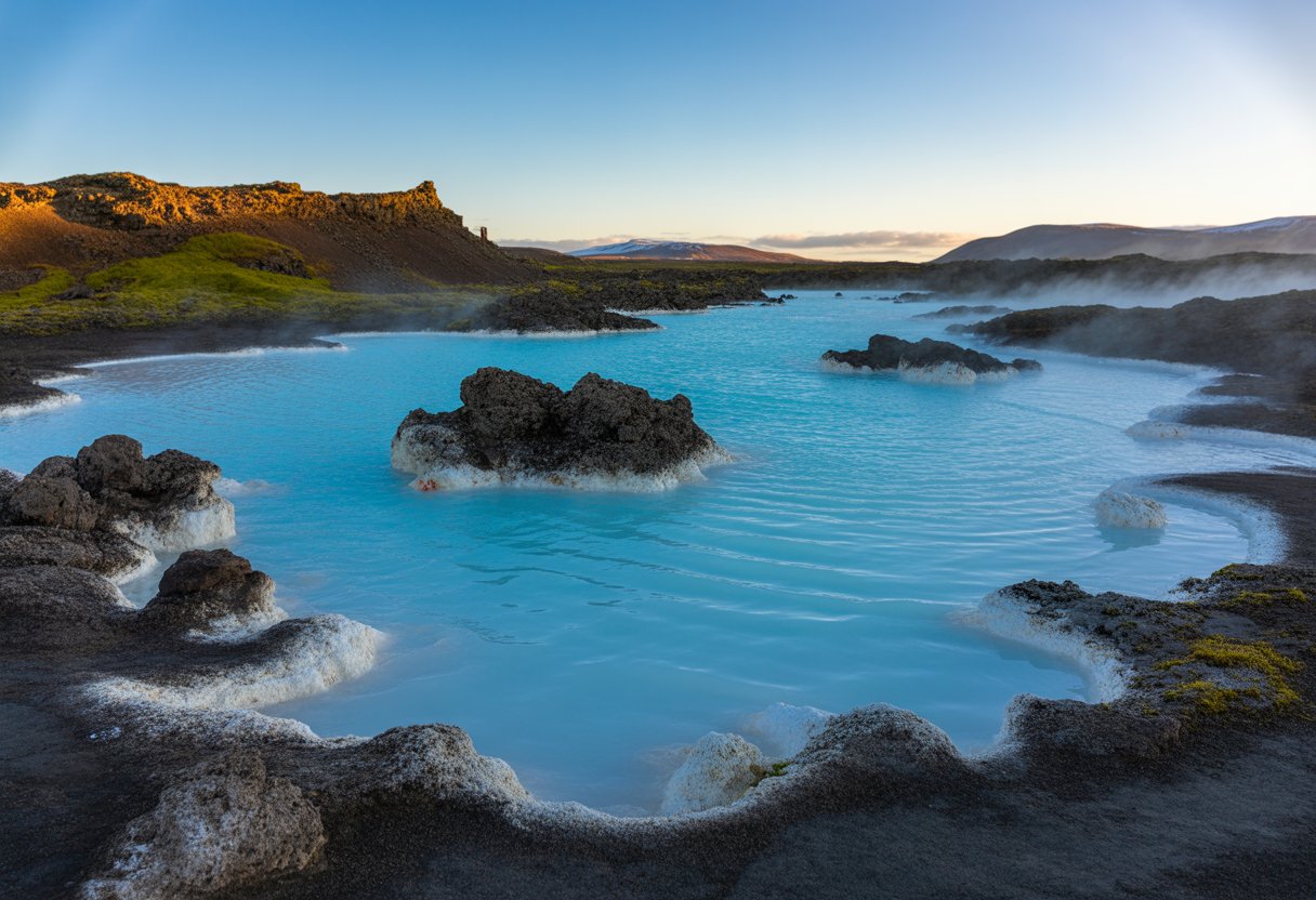 Vista da Blue Lagoon com águas azul-turquesa rodeada por rochas vulcânicas negras e vegetação verde ao fundo.