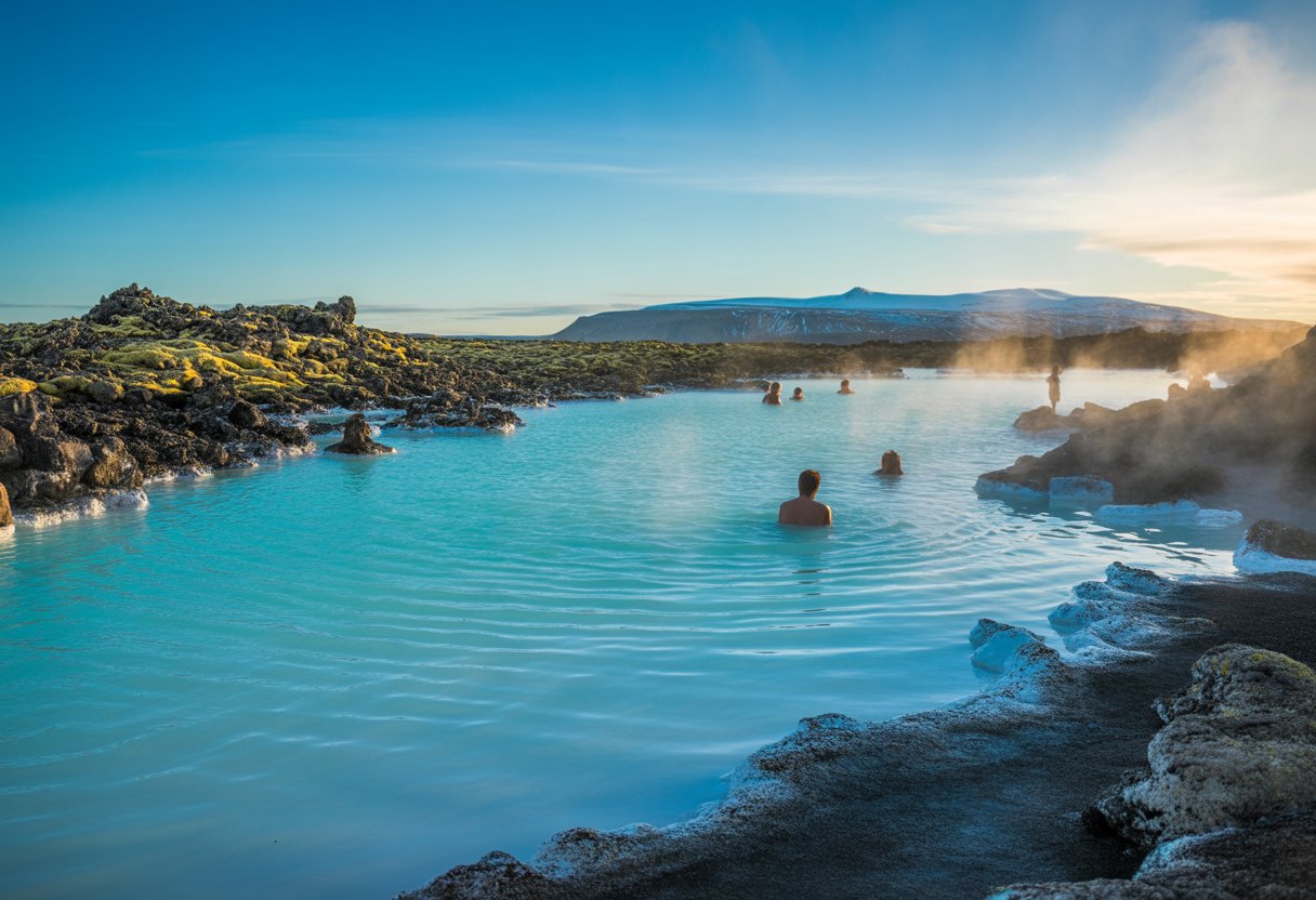 Vista panorâmica da Blue Lagoon na Islândia com águas turquesa rodeadas por rochas vulcânicas negras e campos de lava cobertos de musgo ao fundo.