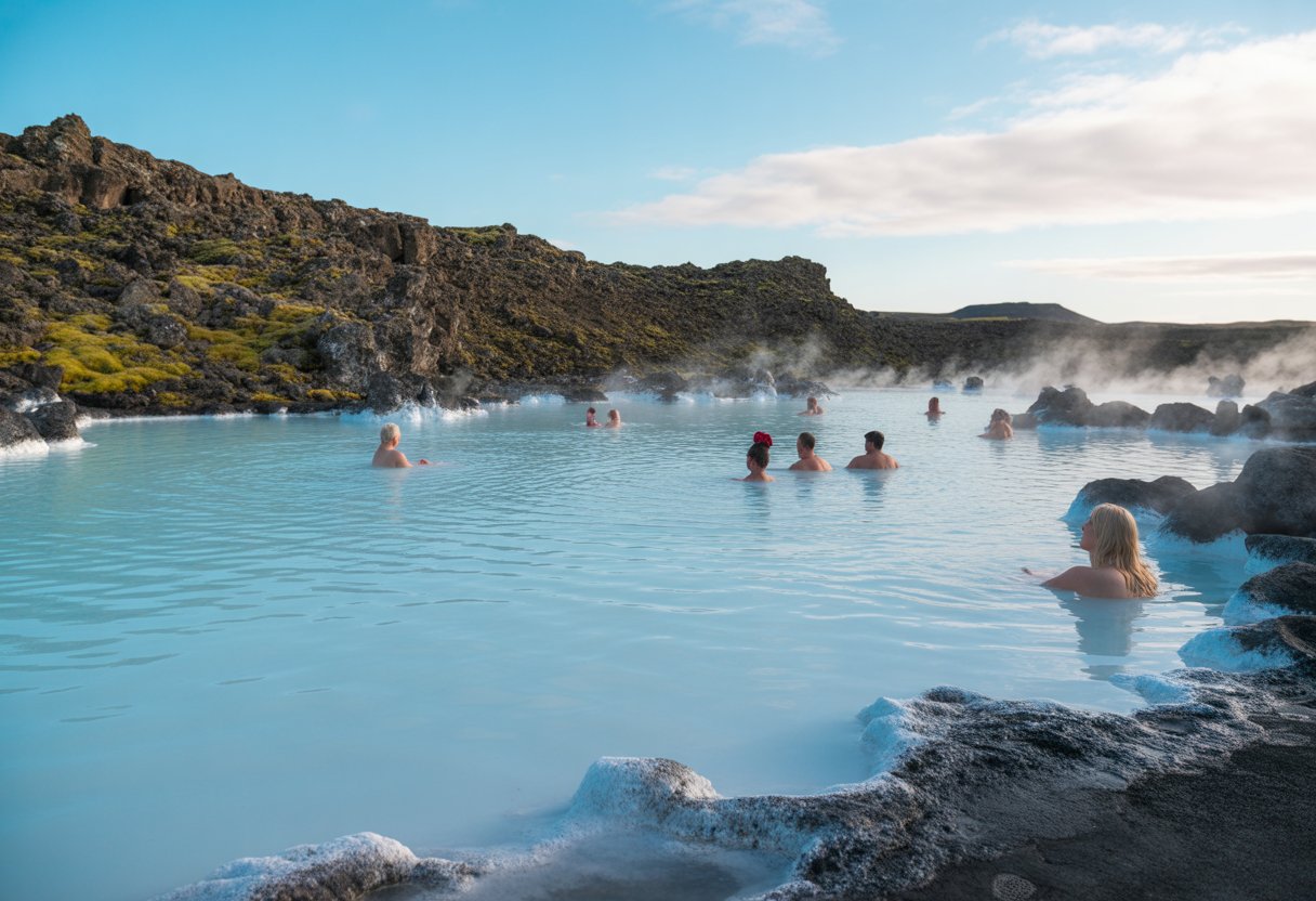 Pessoas a relaxar nas águas azuis e quentes da Blue Lagoon na Islândia, rodeadas por rochas vulcânicas e vegetação esparsa.
