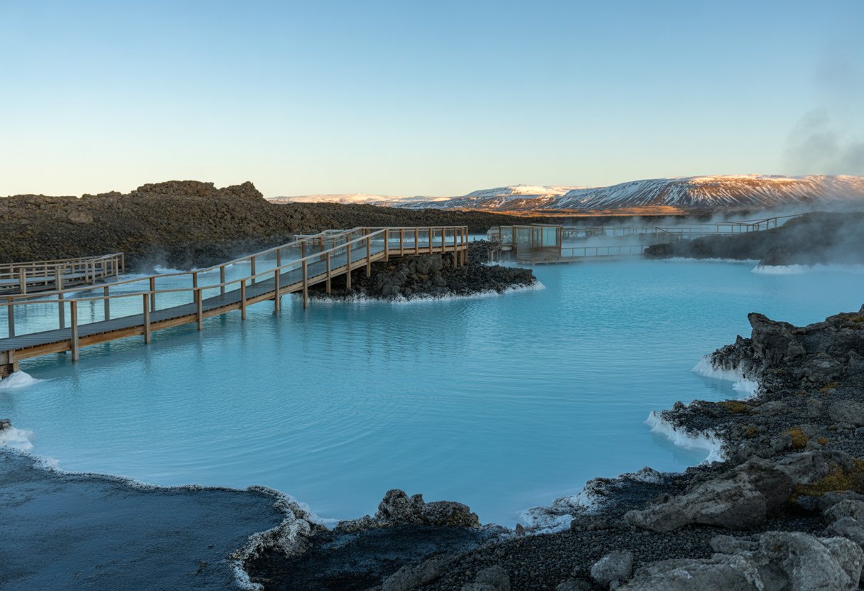 Vista da lagoa azul na Islândia com águas azuis rodeadas por rochas vulcânicas negras e infraestruturas modernas, com montanhas ao fundo.