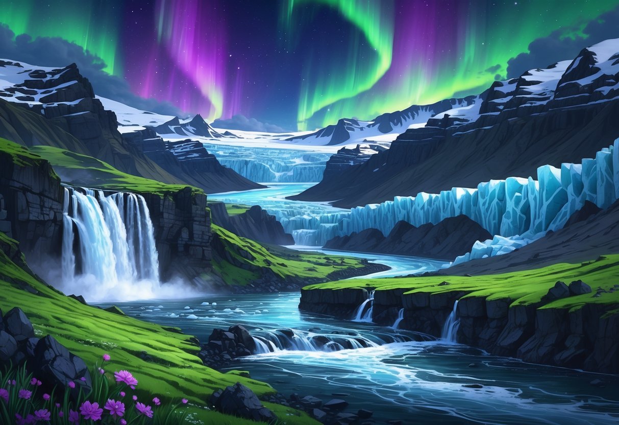 Paisagem natural da Islândia com montanhas nevadas, uma cascata a desaguar num rio cristalino, vegetação verde e as luzes do Norte a iluminar o céu.