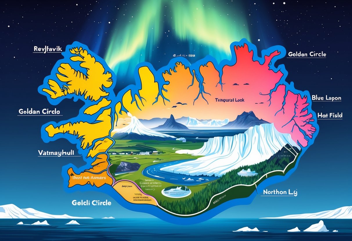 Mapa ilustrado da Islândia com as principais regiões e destinos naturais, incluindo geleiras, vulcões, cascatas, fontes termais e a aurora boreal no céu.