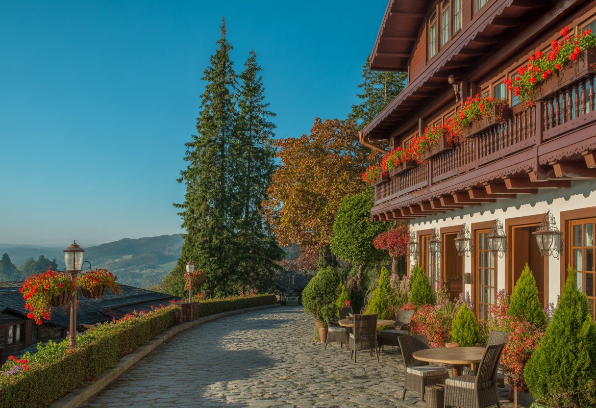 Hotel em Gramado com arquitetura alpina, rodeado por árvores verdes e folhagem colorida, com caminho de pedra e assentos ao ar livre.
