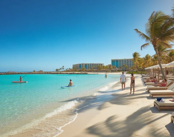 Praia de areia branca com palmeiras, cadeiras de praia e resort moderno à beira-mar em Aruba sob céu azul.