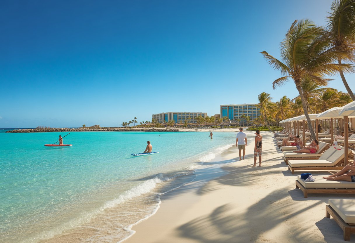 Praia de areia branca com palmeiras, cadeiras de praia e resort moderno à beira-mar em Aruba sob céu azul.