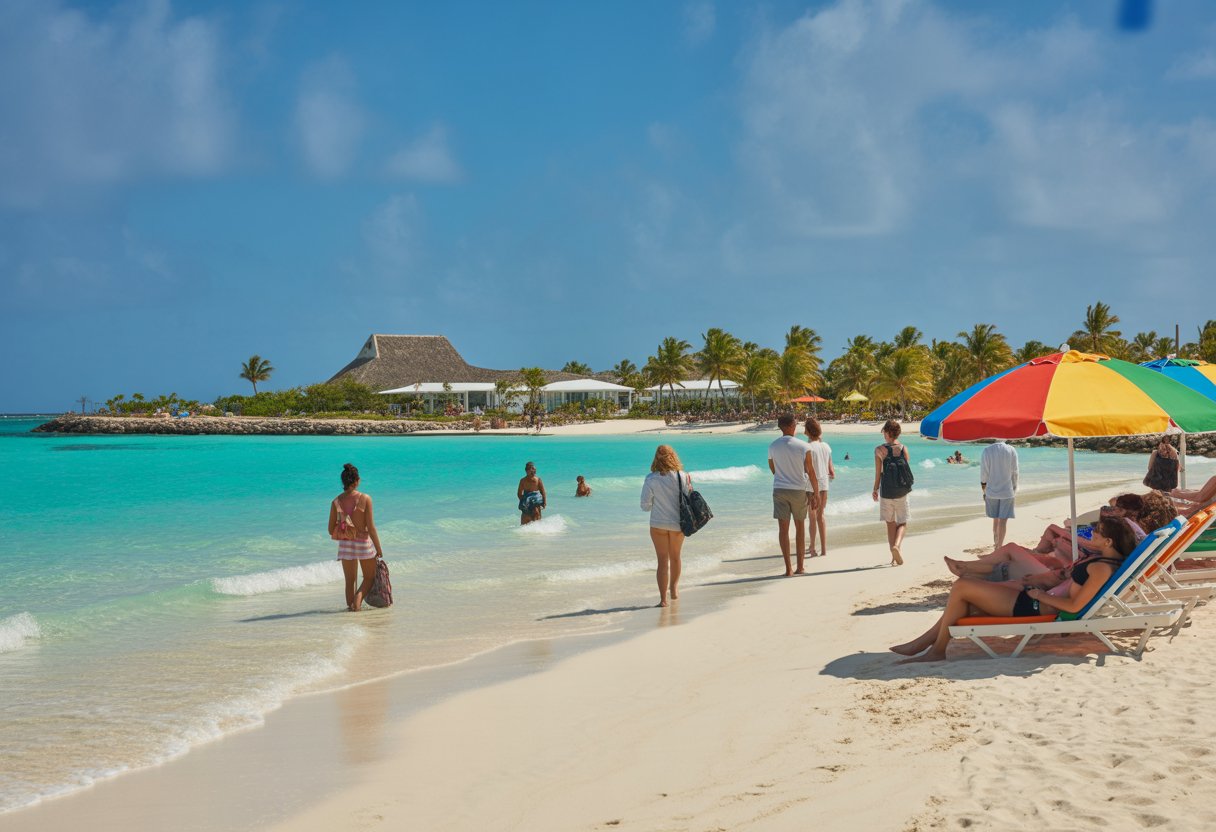 Praia tropical em Aruba com água azul cristalina, areia branca, turistas aproveitando o local e palmeiras ao fundo.