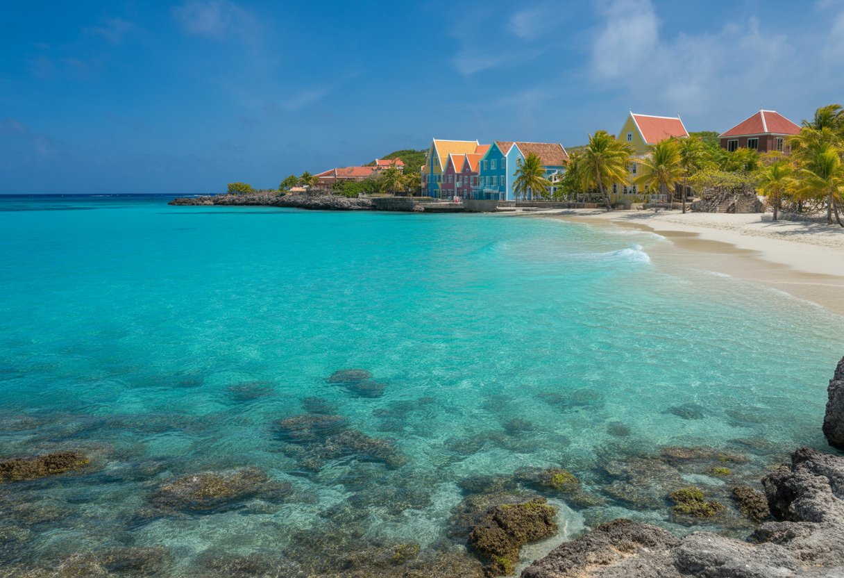 Praia tropical em Curaçao com águas cristalinas, areia branca, casas coloridas ao fundo e coqueiros.