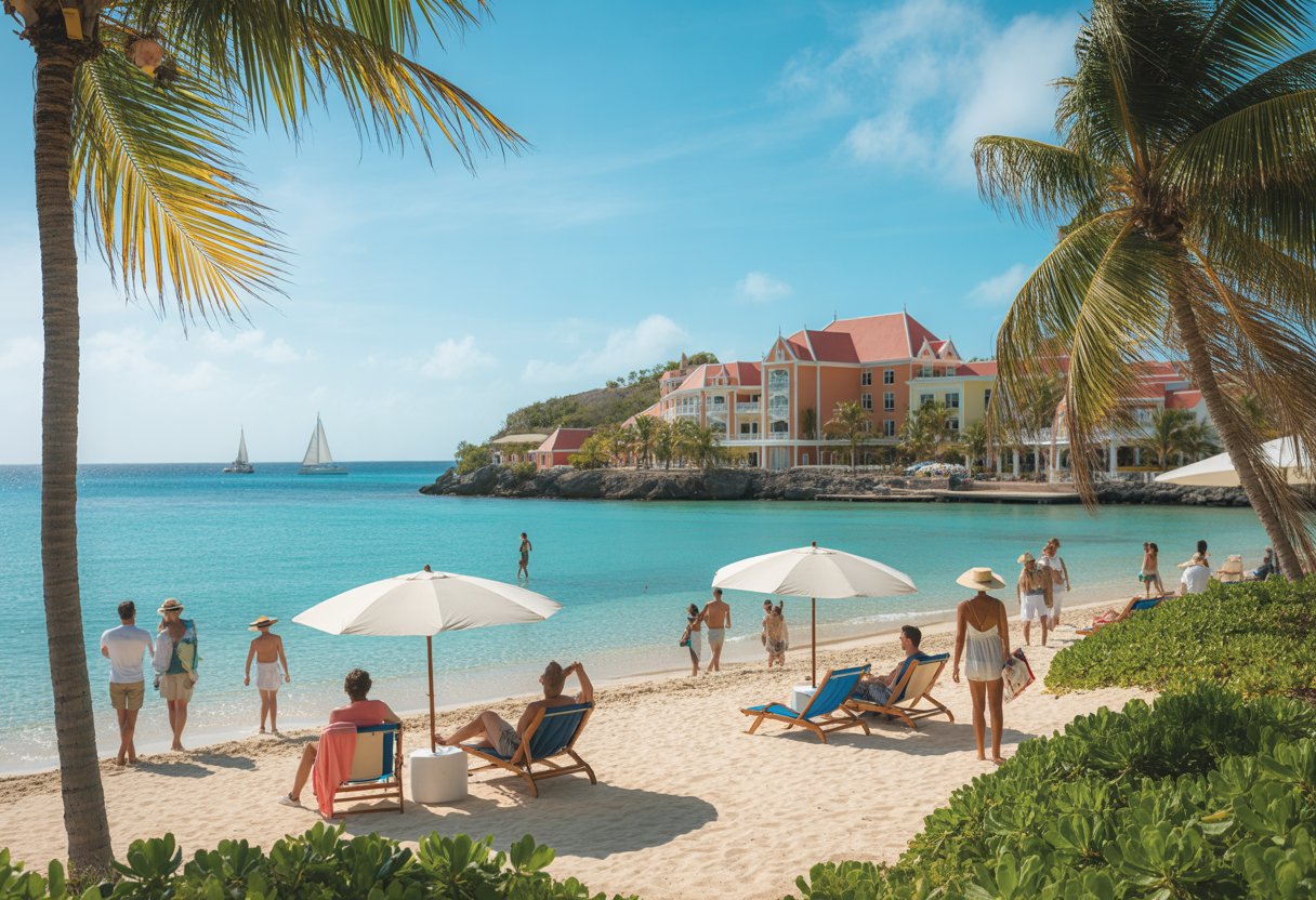 Resort à beira-mar em Curaçao com palmeiras, mar azul e turistas aproveitando a praia ensolarada.