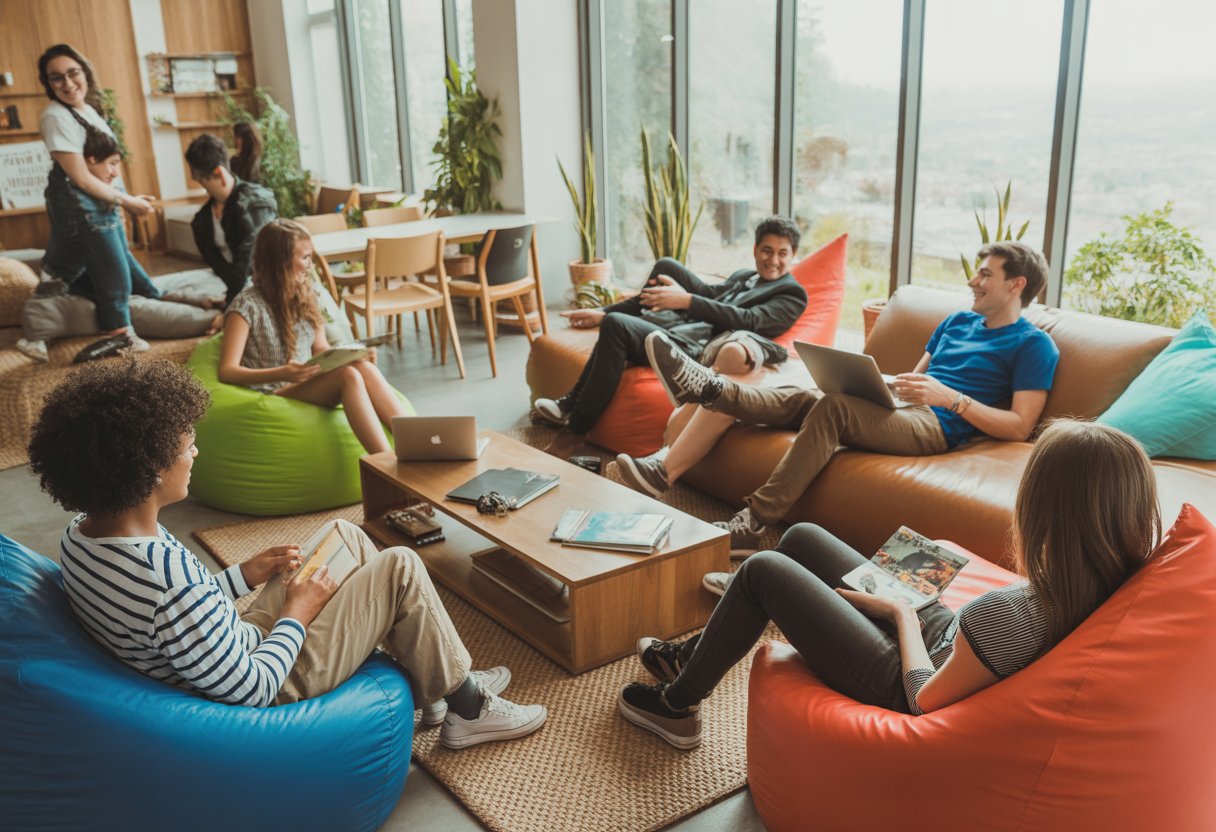 Área comum de um hostel moderno com jovens viajantes relaxando e socializando em um ambiente aconchegante e iluminado.