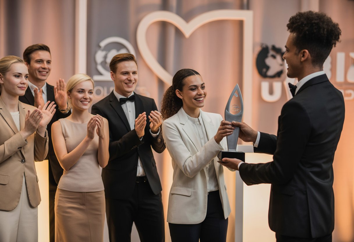 Cerimônia de premiação com pessoas aplaudindo enquanto um troféu é entregue a um vencedor em um palco decorado.