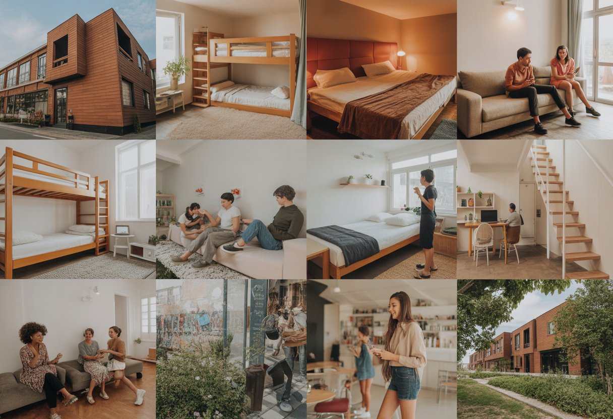 Várias imagens de hostels premiados ao redor do mundo, mostrando quartos, áreas comuns e ambientes externos com pessoas interagindo.