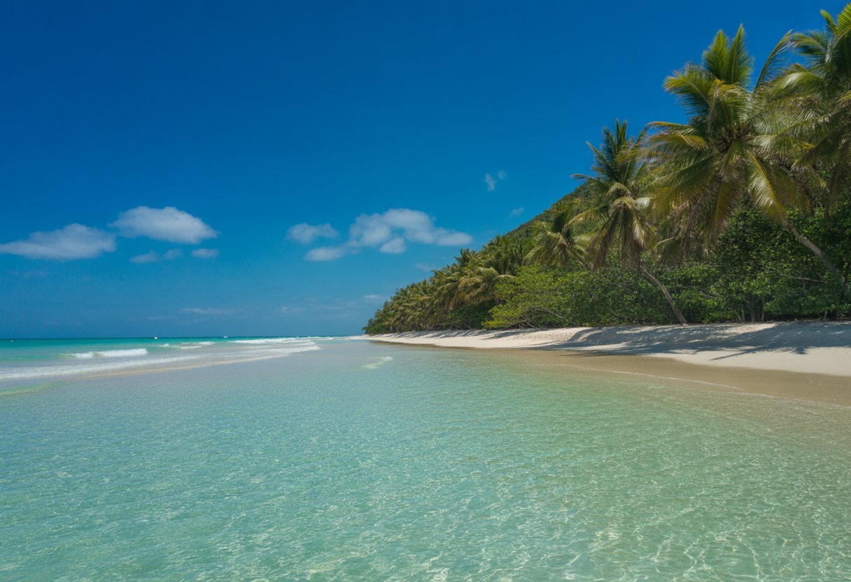 Praia deserta com areia branca, água azul cristalina, coqueiros e céu azul com poucas nuvens.