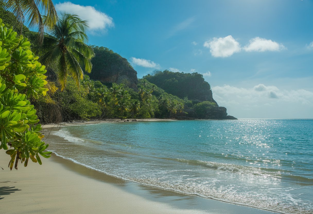 Praia tropical do Nordeste com água cristalina, areia branca, coqueiros e formações rochosas ao fundo sob céu azul.