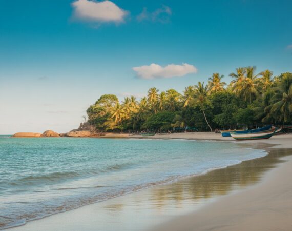 Praia com areia branca, águas cristalinas e coqueiros sob céu azul com poucas nuvens.
