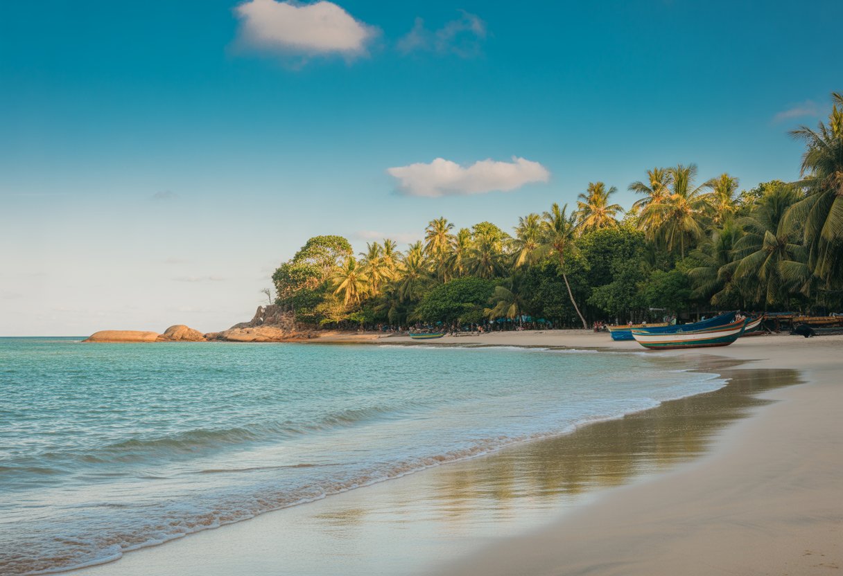 Praia com areia branca, águas cristalinas e coqueiros sob céu azul com poucas nuvens.