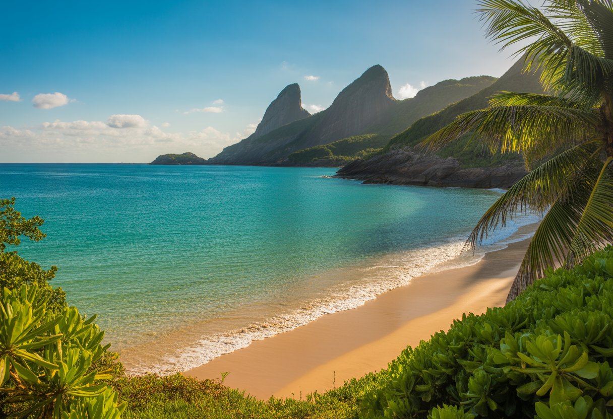 Praia deserta com águas cristalinas, areia dourada, coqueiros e vegetação tropical ao redor, com penhascos rochosos ao fundo sob céu claro.