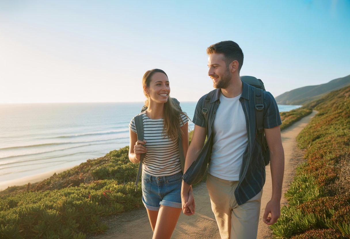 Casal caminhando de mãos dadas em uma trilha à beira-mar durante o pôr do sol, sorrindo e aproveitando a paisagem.