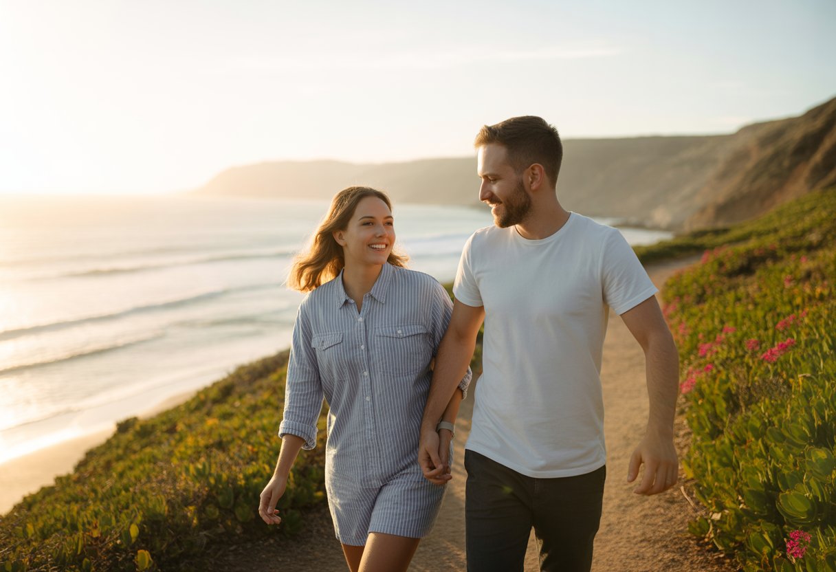 Um casal feliz caminhando de mãos dadas por uma trilha costeira com vista para o mar durante o pôr do sol.
