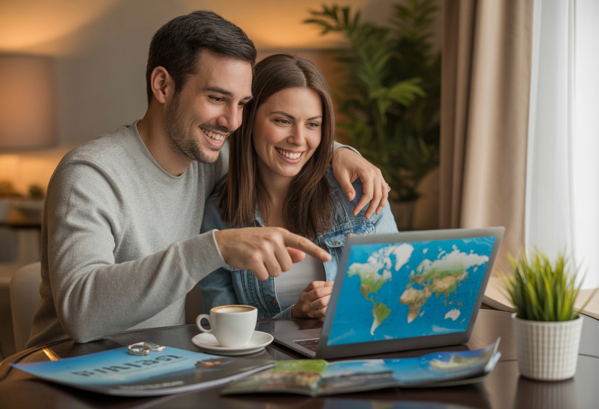 Casal feliz planejando uma viagem juntos em uma mesa com mapas e brochuras de viagem.