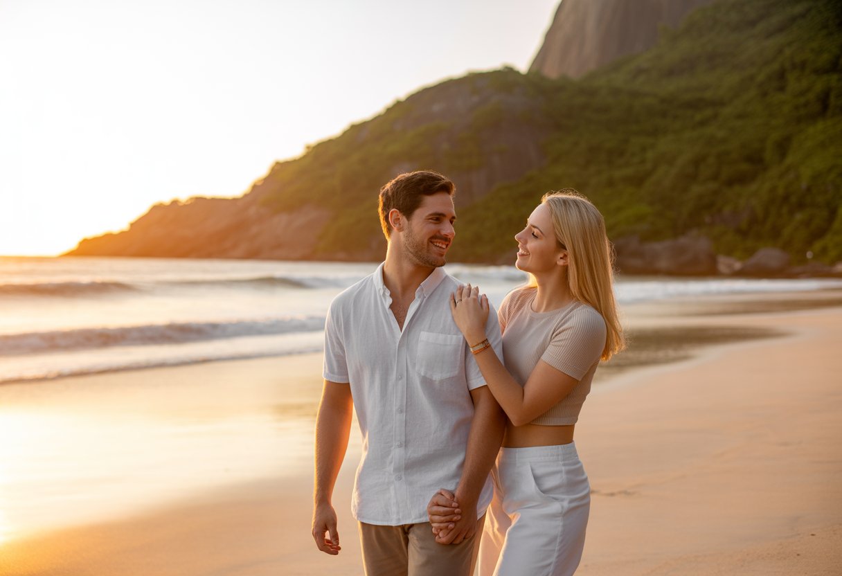 Casal sorridente de mãos dadas em uma praia brasileira ao pôr do sol, com areia dourada e vegetação tropical ao fundo.