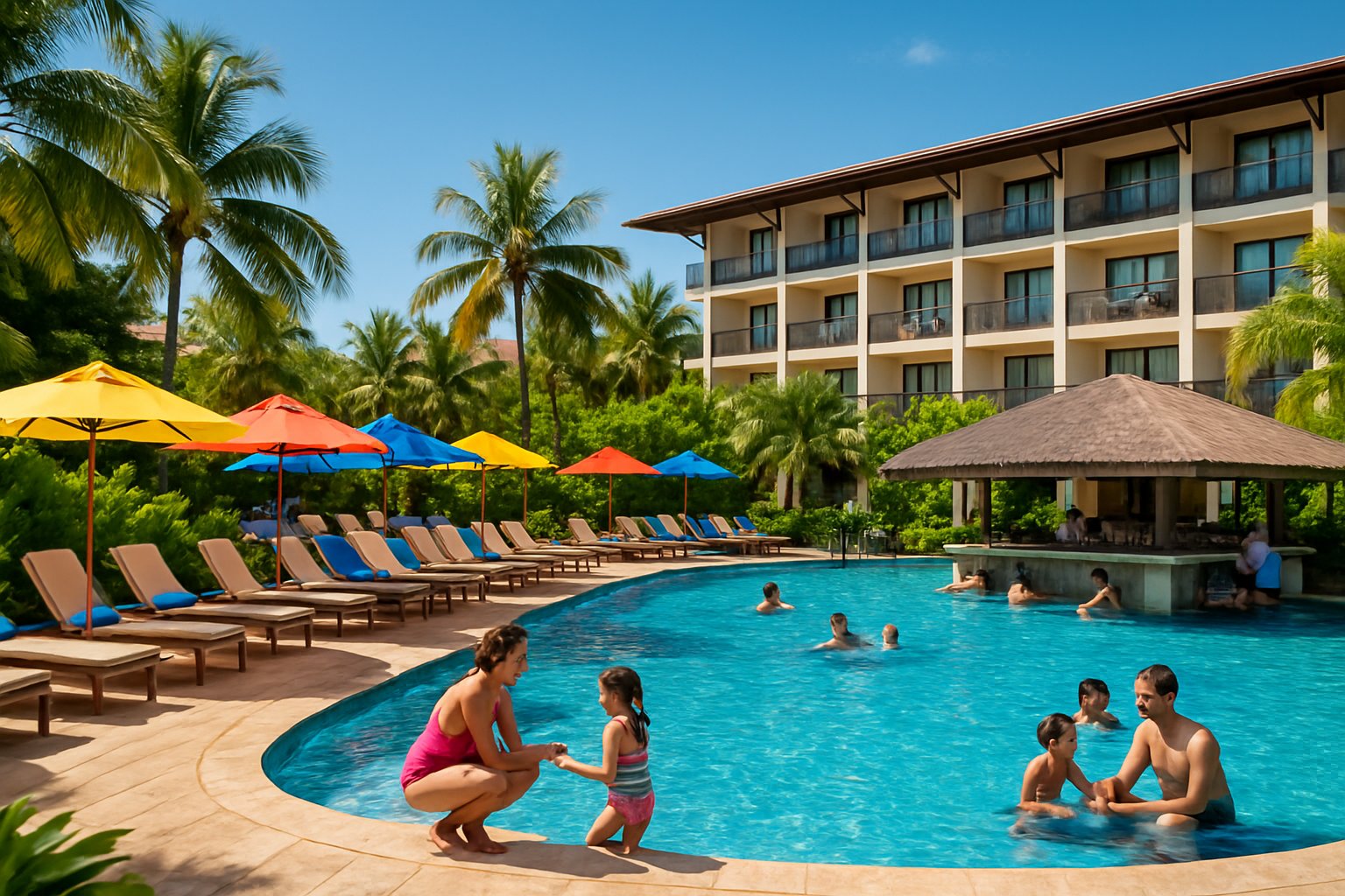 Piscina grande com pessoas relaxando, palmeiras e edifícios de resort ao fundo em um dia ensolarado.
